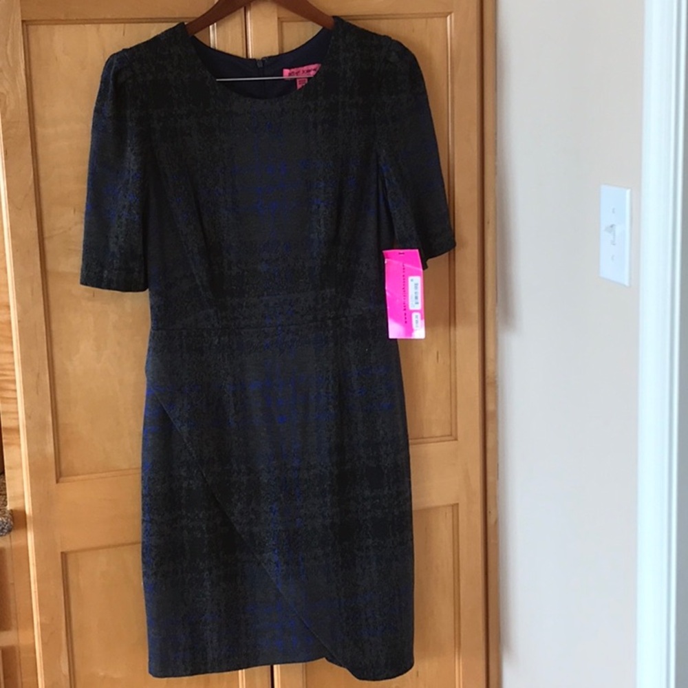 NTW Betsey Johnson Black, gray & blue plaid knit dress short sleeve- sz 10